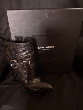 Saint Laurent Black Python-Effect Ankle Boot with Buckle